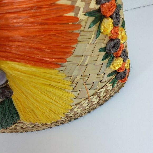 VTG Woven Straw Sea Shell Wicker Beach Tote Market Bag Raffia Floral Colorful - Picture 7 of 12